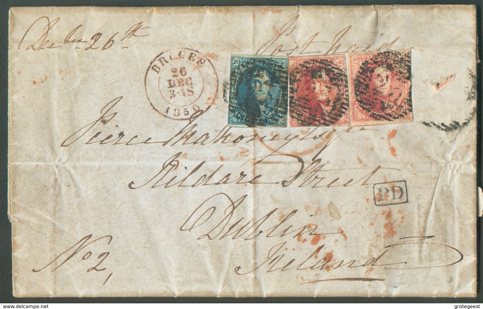 N°4-5(2) - Médaillons 20 Centimes Bleus Et  40 Centimes Carmin-rose, Tous Margés, Obl. P.23 Sur Lettre De BRUGES  Le 26 - 1849-1850 Médaillons (3/5)