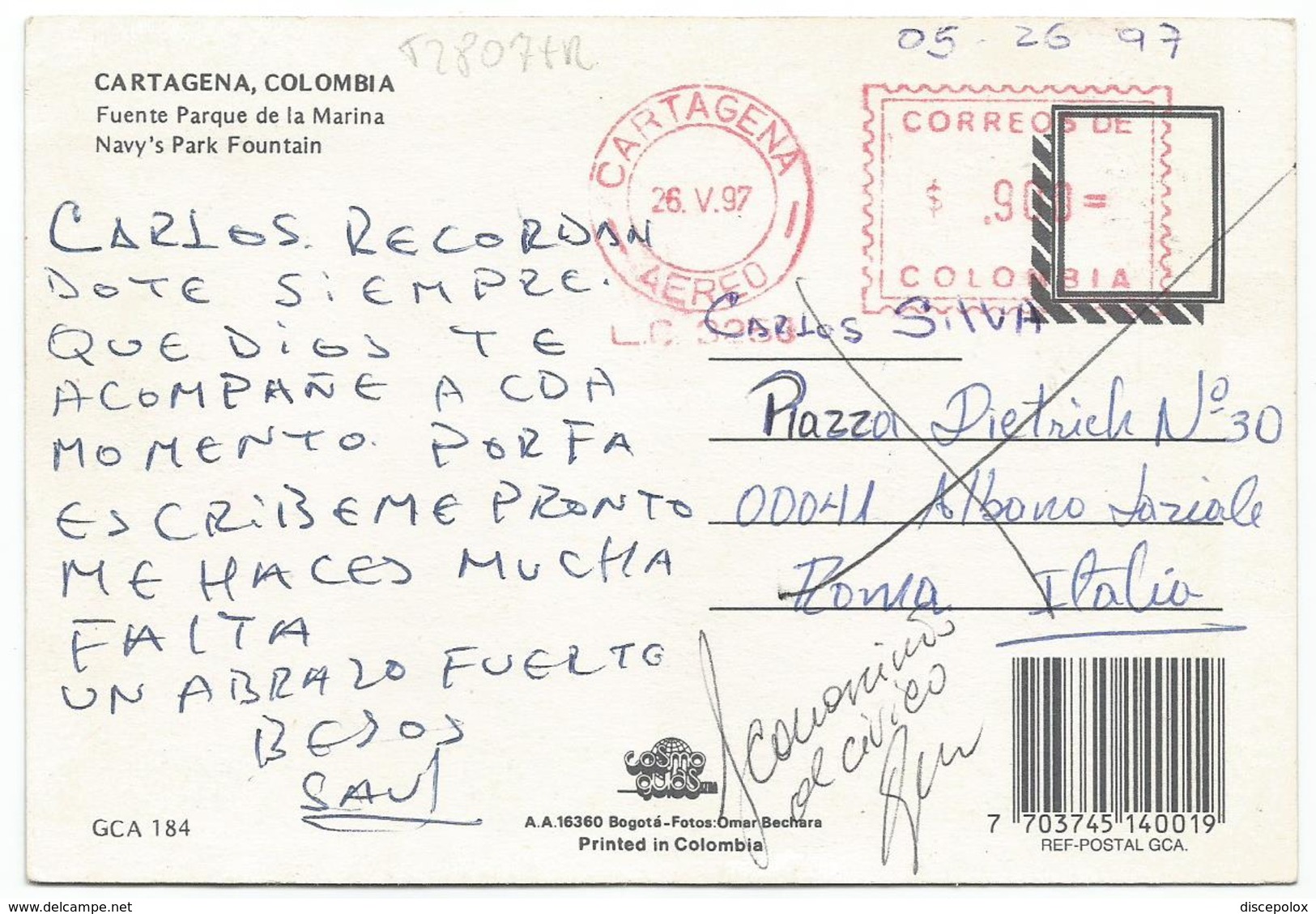 T2807 Colombia - Cartagena - Fuente Parque De La Marina - Red Machine Stamp Affrancatura Meccanica Rossa Viaggiata 1997 - Colombia