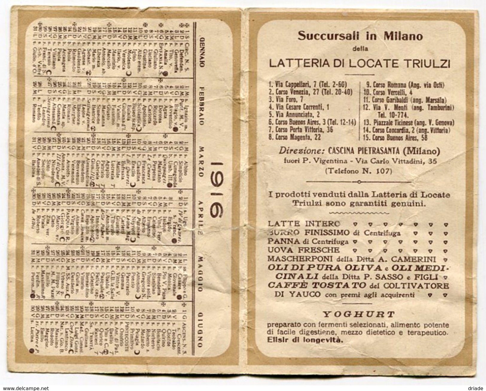 CALENDARIETTO LATTERIA DI LOCATE TRIULZI CASCINA PIETRASANTA MILANO LONDRA CASALPUTERLENGO MELEGNANO ANNO 1916 - Small : 1901-20