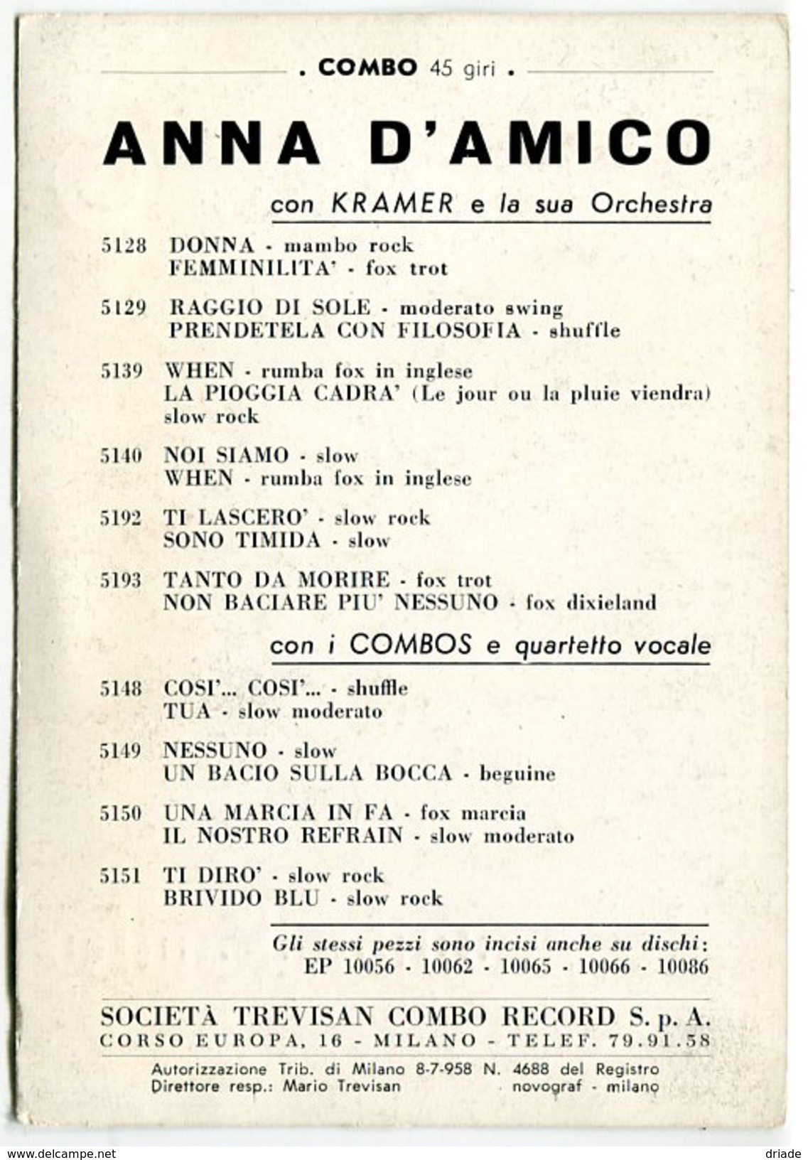 CARTOLINA ANNA D'AMICO CANTANTE EDIZIONE SOCIETà TREVISAN COMBO RECORD MILANO - Artisti