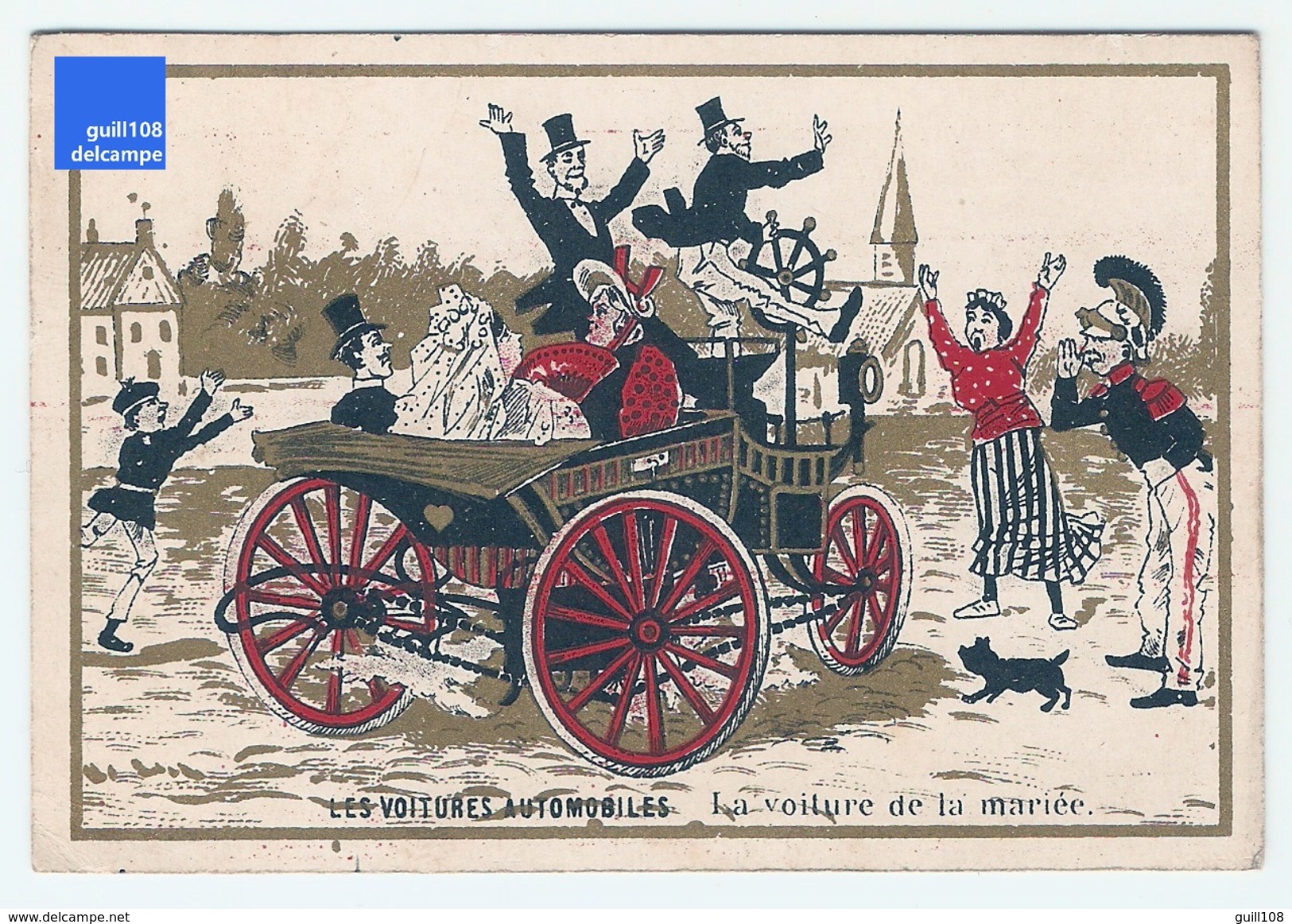 Chromo Dorée Voitures Automobiles Mariée Mariage Village Voiture Ancienne Car Wedding Ephemera Trade Card Vintage A21-6 - Sonstige & Ohne Zuordnung