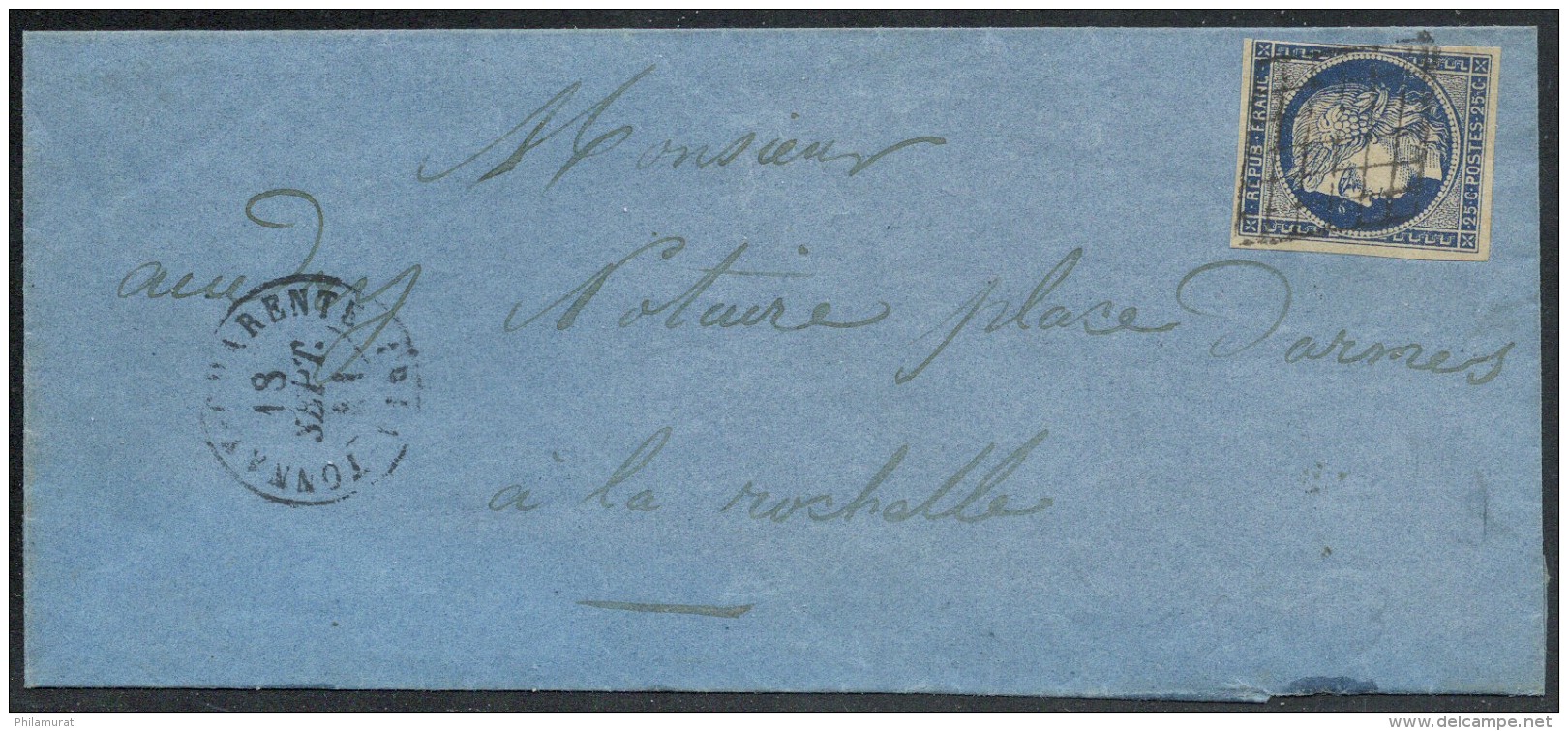 N°4a, Bleu-foncé, Oblitéré TONNAY-CHARENTE 1851 Lettre Pour La Rochelle - 1849-1850 Ceres