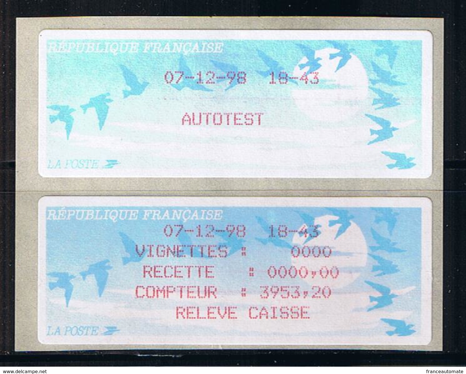 ATMs, DIVA, PAIRE ATTENANTE,AUTOTEST+ RELEVE DE CAISSE, ENCRE ROUGE, Sur Papier Jubert, OISEAUX BLEU TURQUOISE, . - 1990 Type « Oiseaux De Jubert »