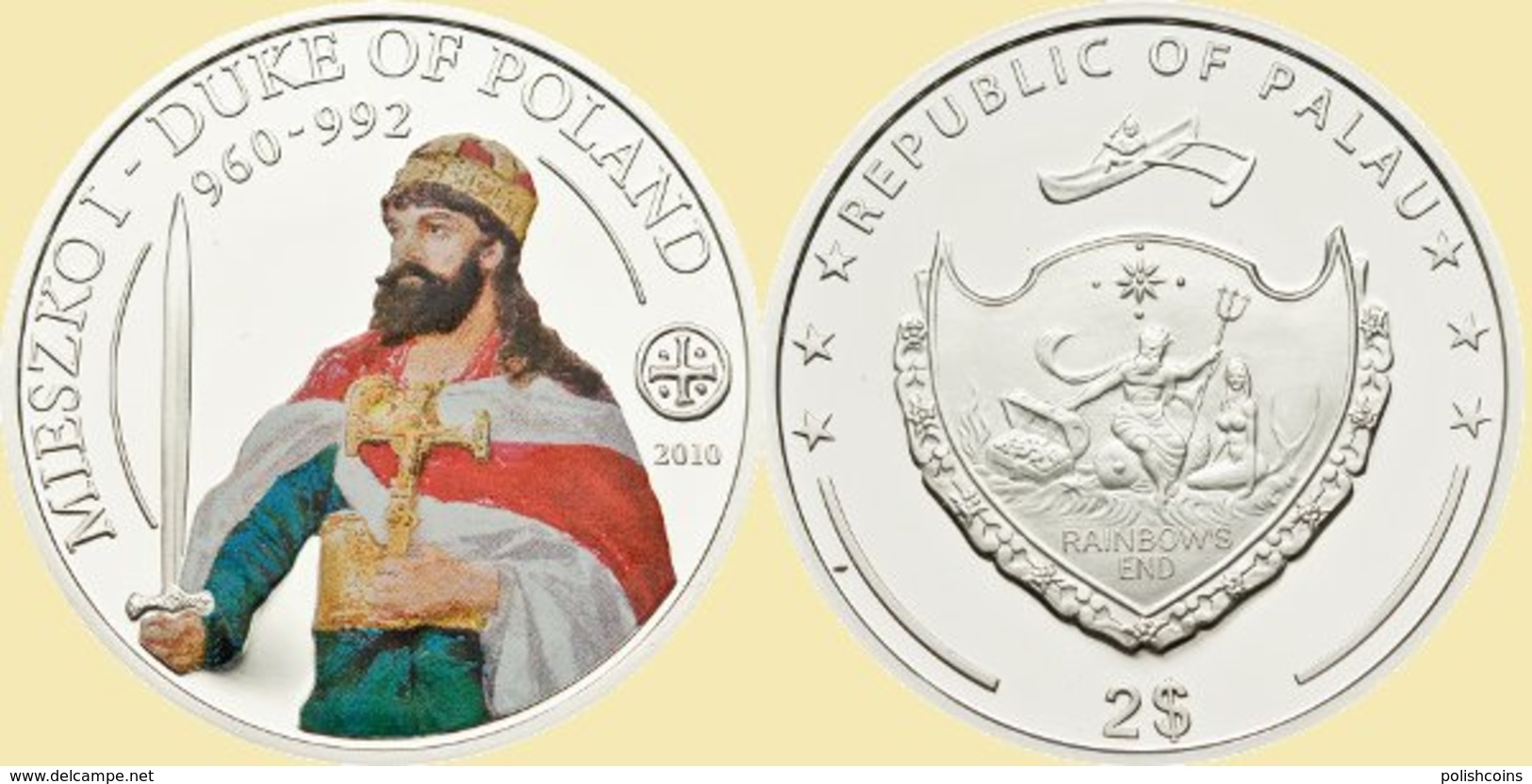 PALAU 2010 2 $ Dollars Mieszko I Duke Of Poland Ag CoA UNC - Palau