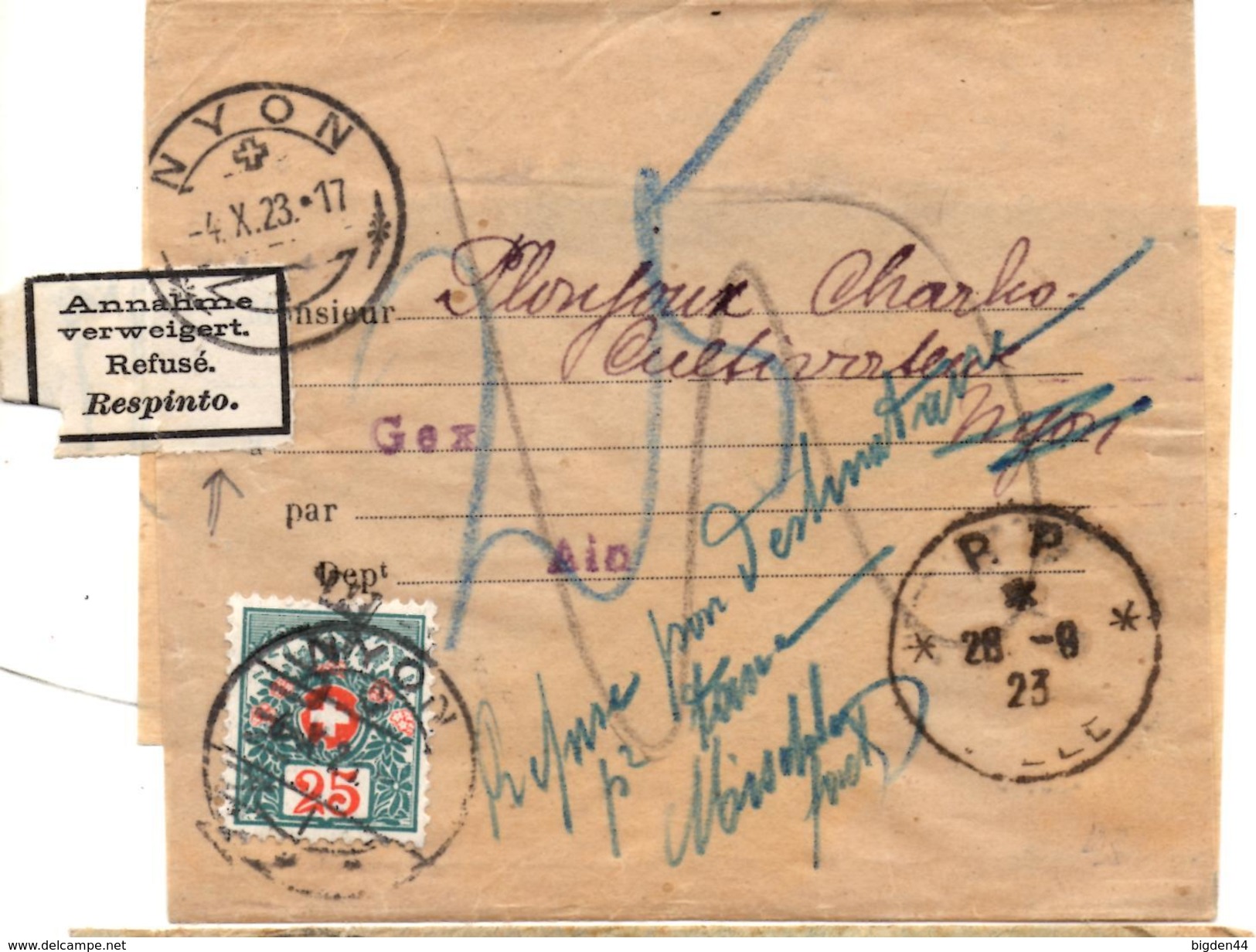 Bande Pour Journaux Entière De P.P. Lille (28.09.1923) Taxée à Nyon_ Refusé_Respinto Via Gex - Poststempel