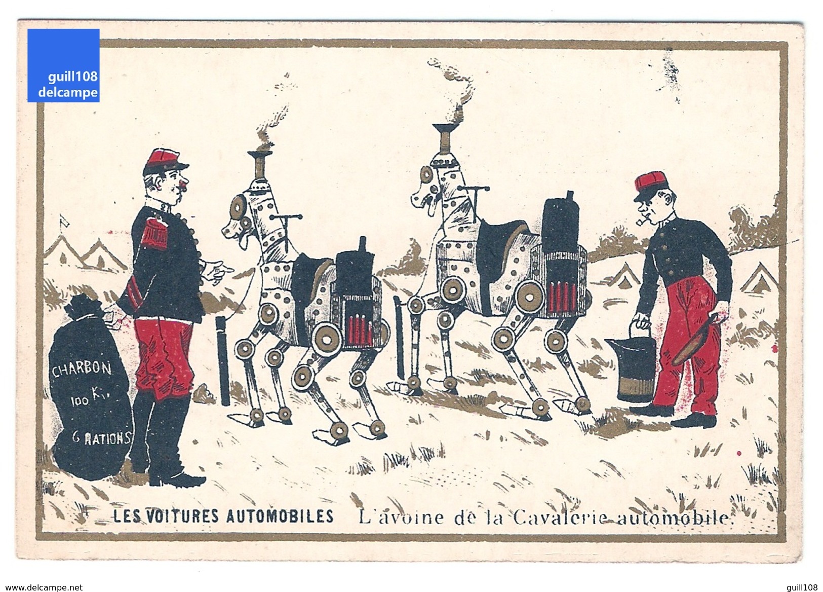 Chromo Futuriste Dorée Voitures Automobiles Avoine Cavalerie Cheval Charbon Voiture Car Ephemera Trade Card Coal A21-7 - Sonstige & Ohne Zuordnung