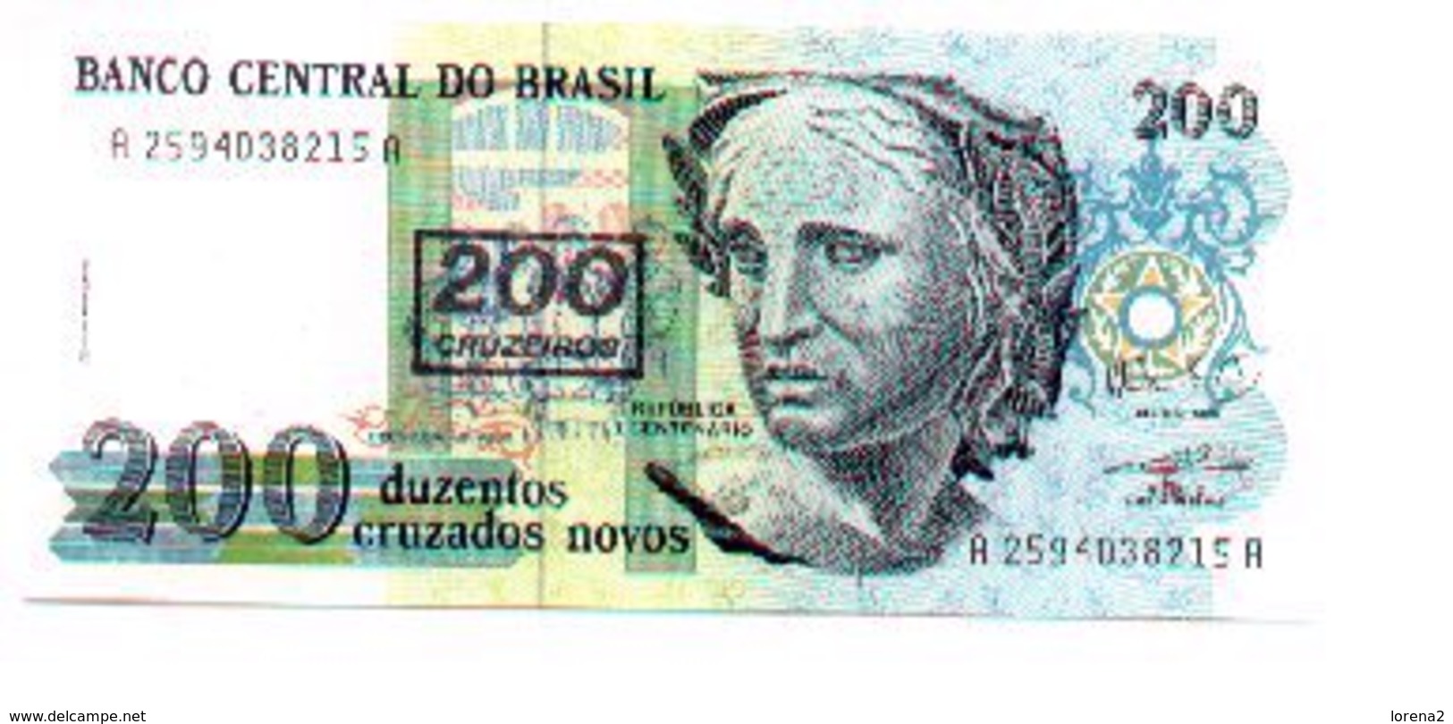 Billete Brasil. 200 Cruzados Novos, Retimbre 200 Cruzeiros. (ref. 6-728) - Brasil