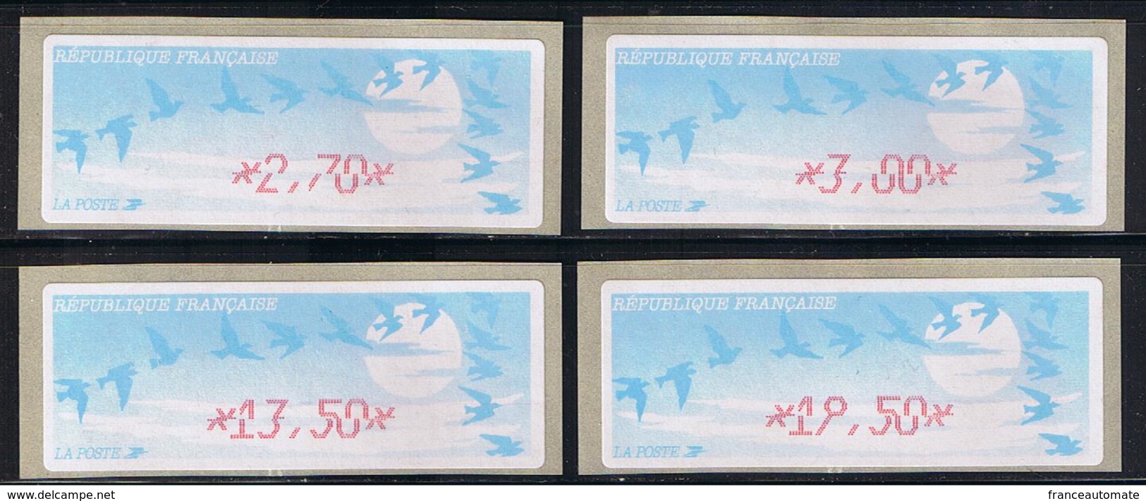 4 ATMs, DIVA, Série Impression Décalée, 2.70/3.00/13.50/19.50 , Sur Papier JUBERT, De L´automate DIVA,  ENCRE ROUGE - 1990 « Oiseaux De Jubert »