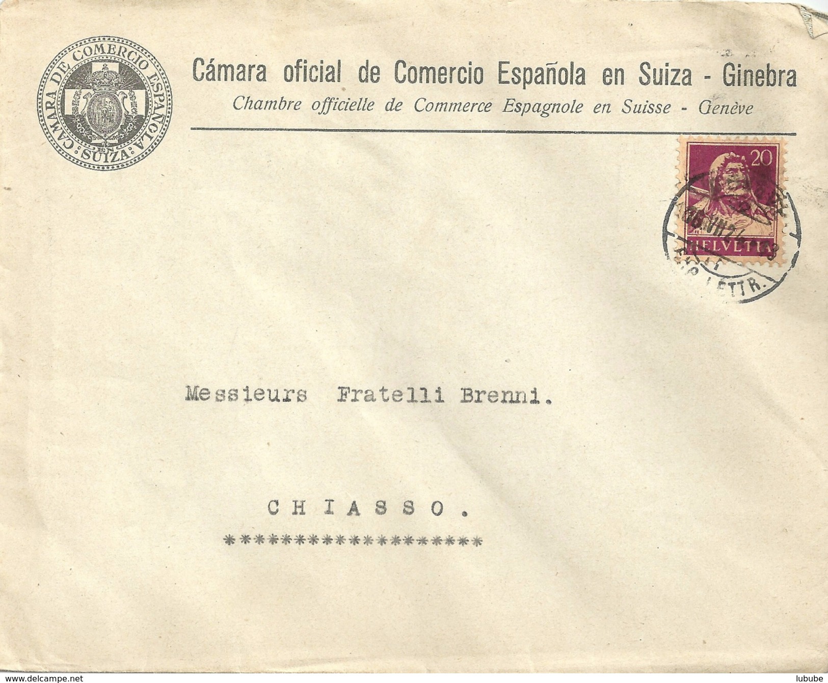 Motiv Brief  "Camara Oficial De Comercio Espagnola En Suiza, Ginebra"                 1924 - Briefe U. Dokumente