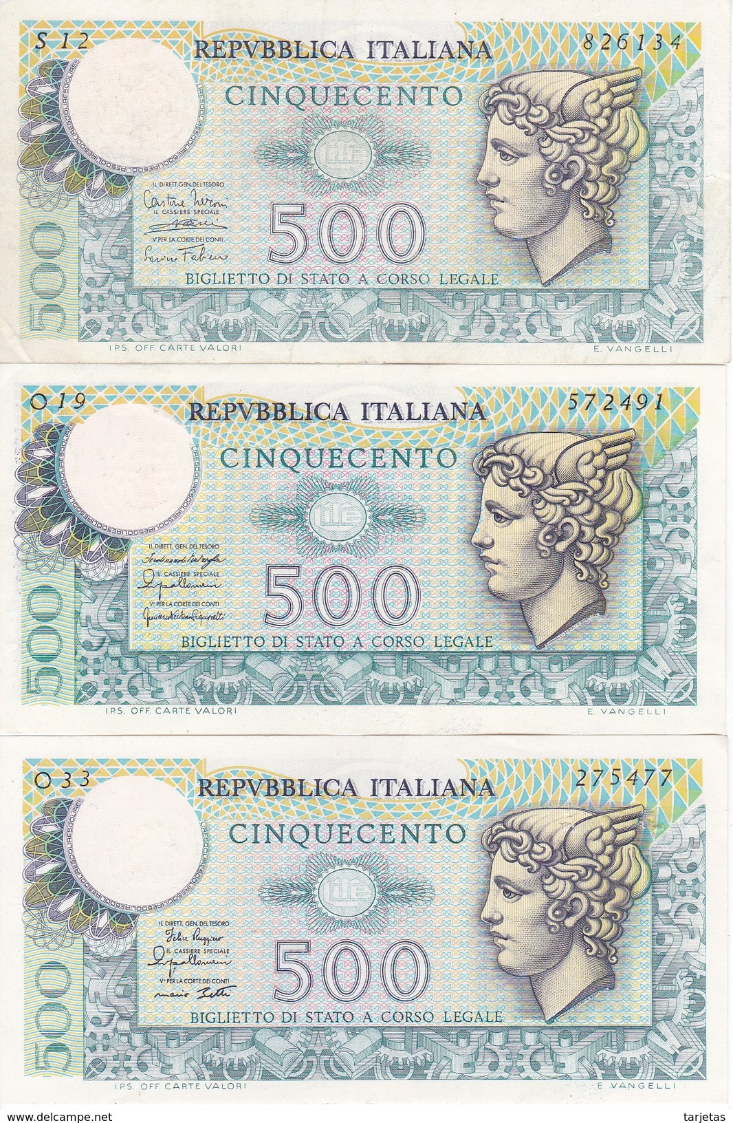 LOTE DE 3 BILLETES DE ITALIA DE 500 LIRAS DE LOS AÑOS 1974-1976 Y 1979  (BANKNOTE) MEDUSA - 500 Lire