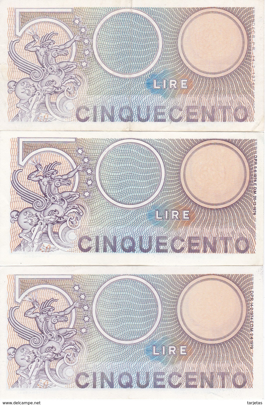 LOTE DE 3 BILLETES DE ITALIA DE 500 LIRAS DE LOS AÑOS 1974-1976 Y 1979  (BANKNOTE) MEDUSA - 500 Lire