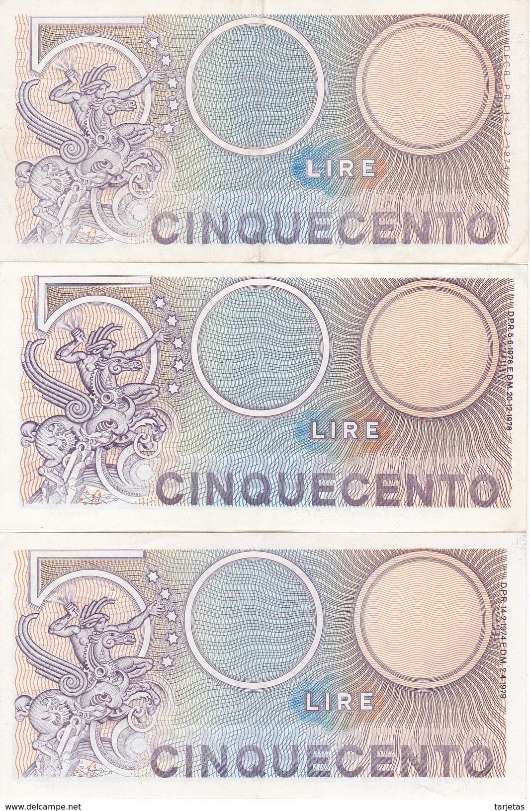 LOTE DE 3 BILLETES DE ITALIA DE 500 LIRAS DE LOS AÑOS 1974-1976 Y 1979  (BANKNOTE) MEDUSA - 500 Liras