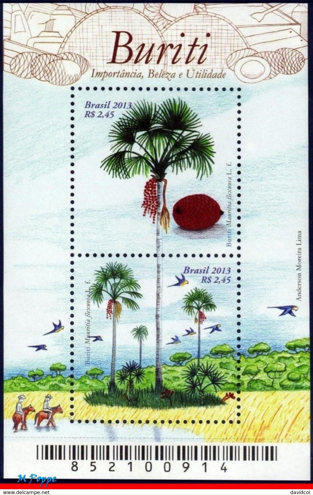 Q414.-. BRASIL .-. 2013 - MINISHEET .-. BURITI - FRUITS,TREE,MACAWS, GROVE. - Unused Stamps