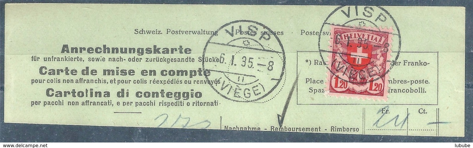 Anrechnungskarte  Visp (Viège)            1935 - Briefe U. Dokumente