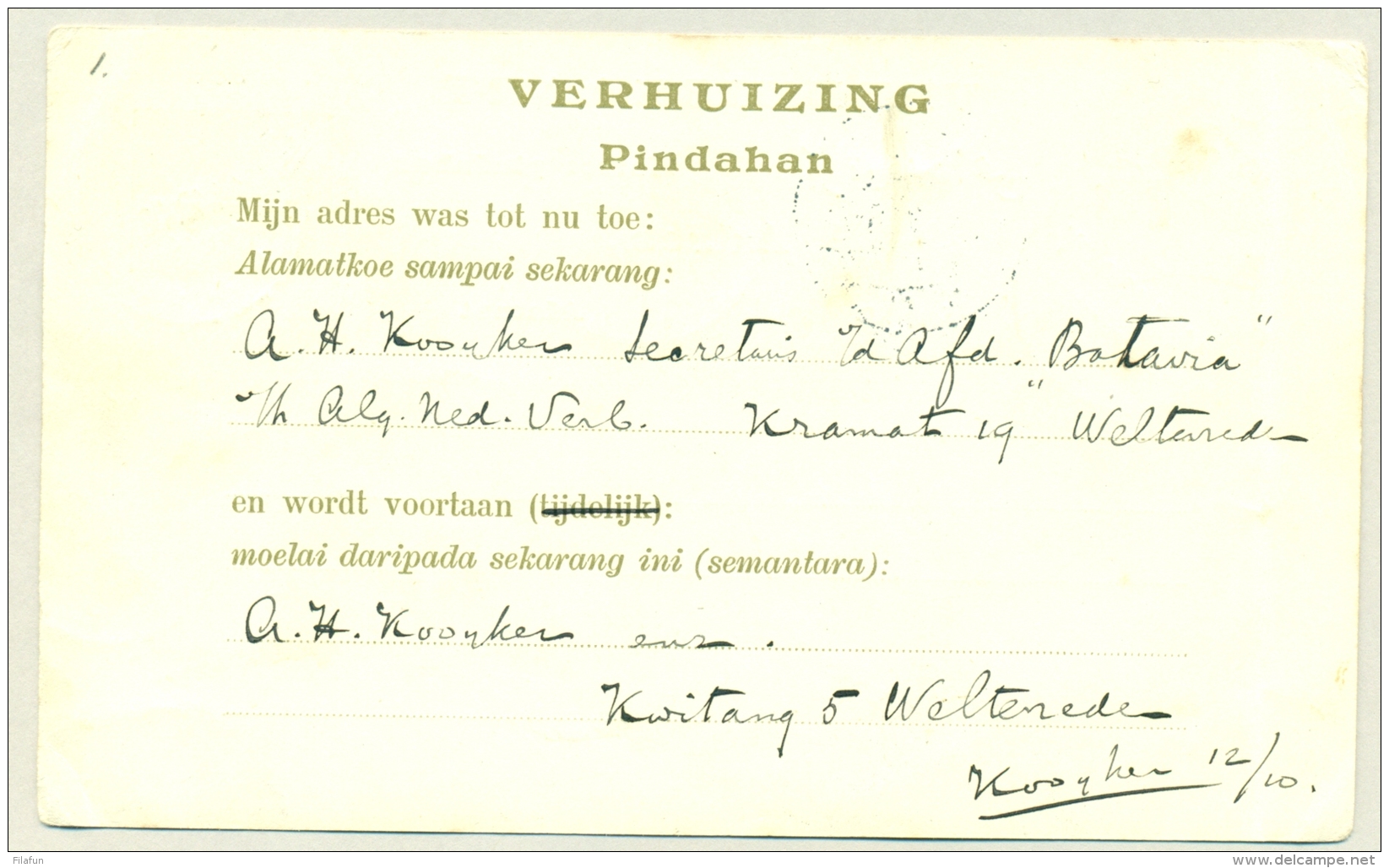 Nederlands Indië - 1912 - Verhuiskaart G1a, Echt Gebruikt Van Weltevreden Naar Dordrecht / Nederland - Nederlands-Indië