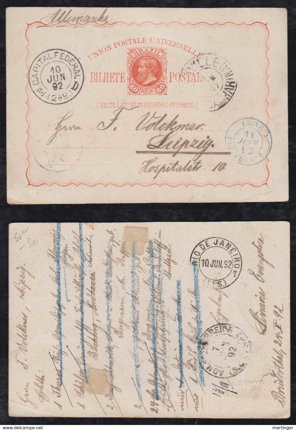 Brazil Brasil 1892 80R Stationery Card BRÜDERTHAL Via JOINVILLE To LEIPZIG French PAQUEBOT - Postwaardestukken