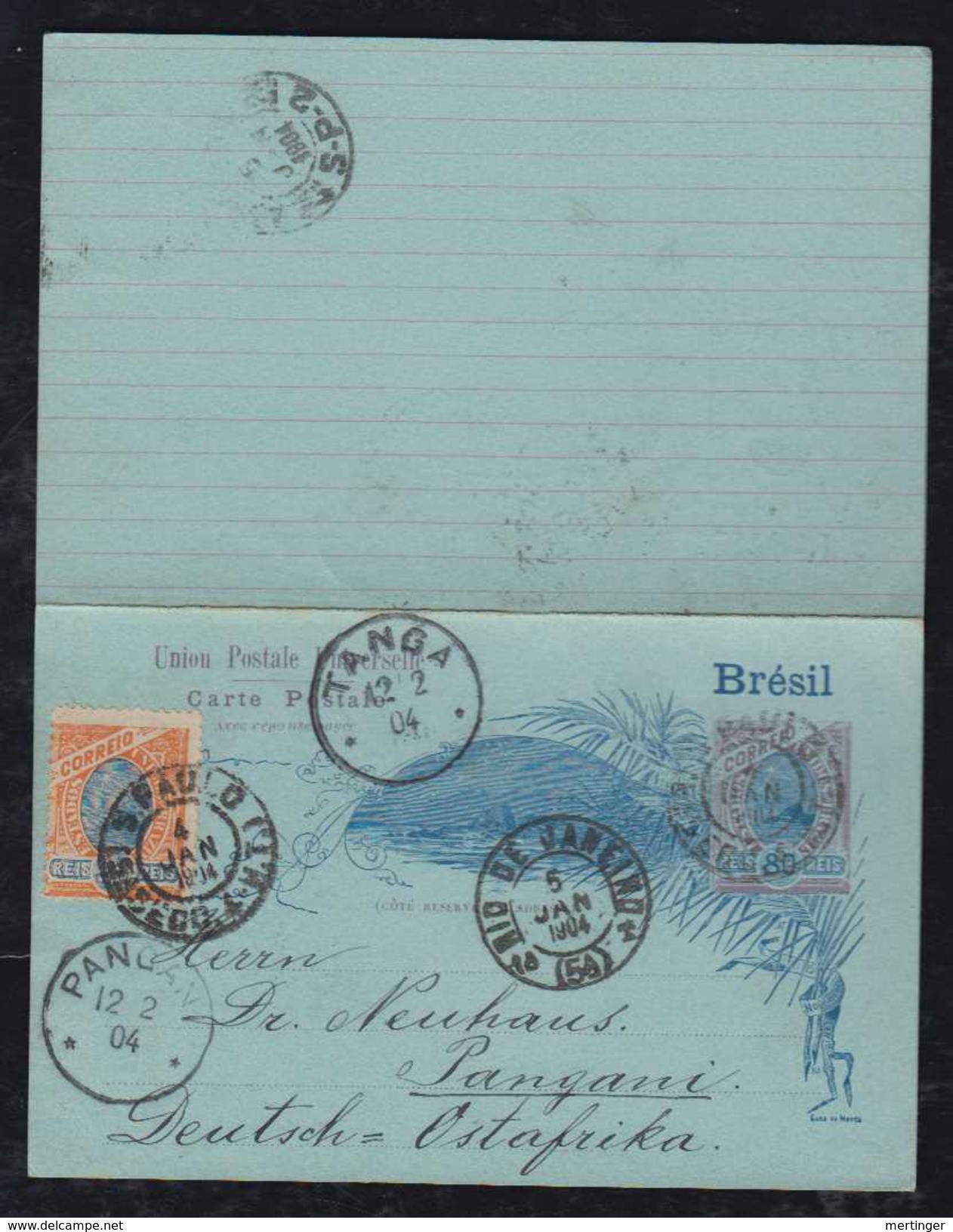 Brazil Brasil 1904 BP 52 80R Stationery Answer/reply Card To PANGANI German East Africa - Entiers Postaux
