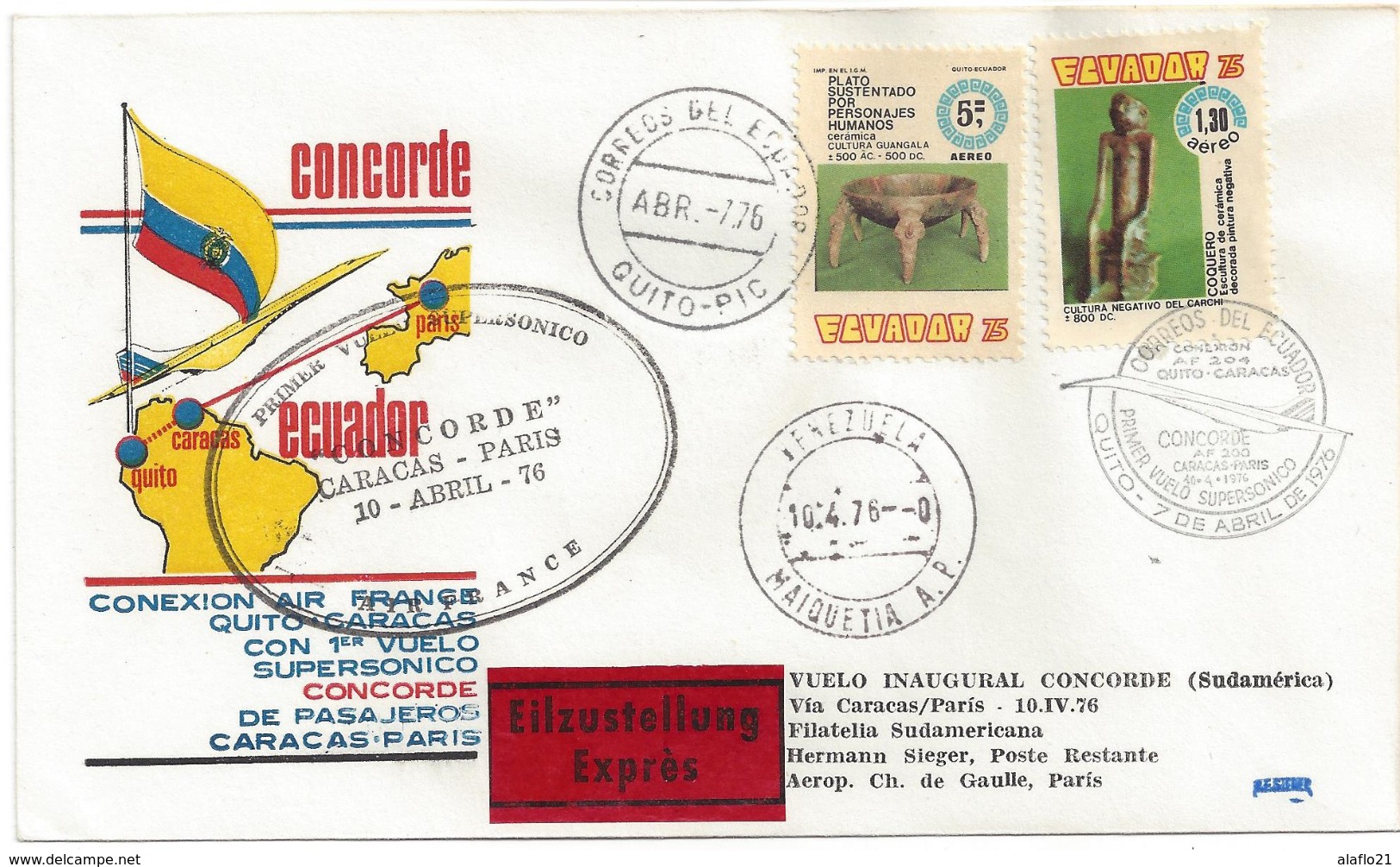 1er VOL CONCORDE - QUITO EQUATEUR (CARACAS PARIS) - 10 Avril 1976 - Concorde