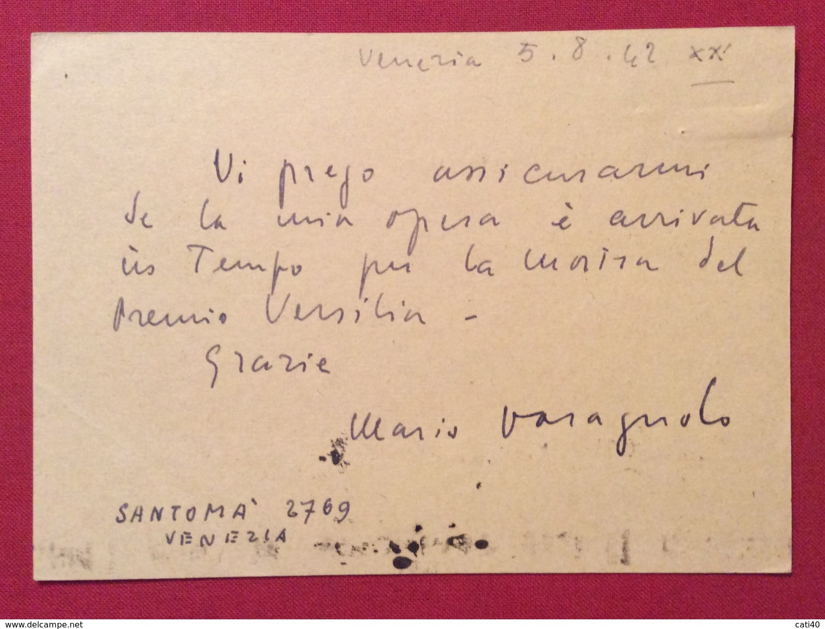 PITTORE  VARAGNOLO MARIO  CARTOLINA POSTALE AUTOGRAFA AL PREMIO DI PITTURA VERSILIA  DEL 1942 - Autres & Non Classés