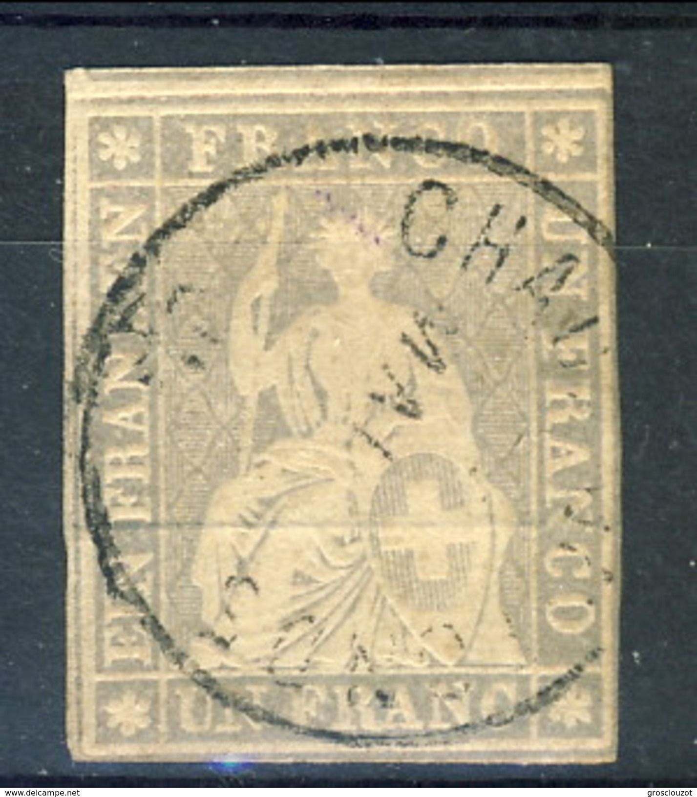 Svizzera 1854-62 Unificato N. 31, SBK N. 27C, F. 1 Grigio-violetto Usato ( Chaux De Fonds) Cat. &euro; 1300 ATTEST-PERIZ - Gebraucht