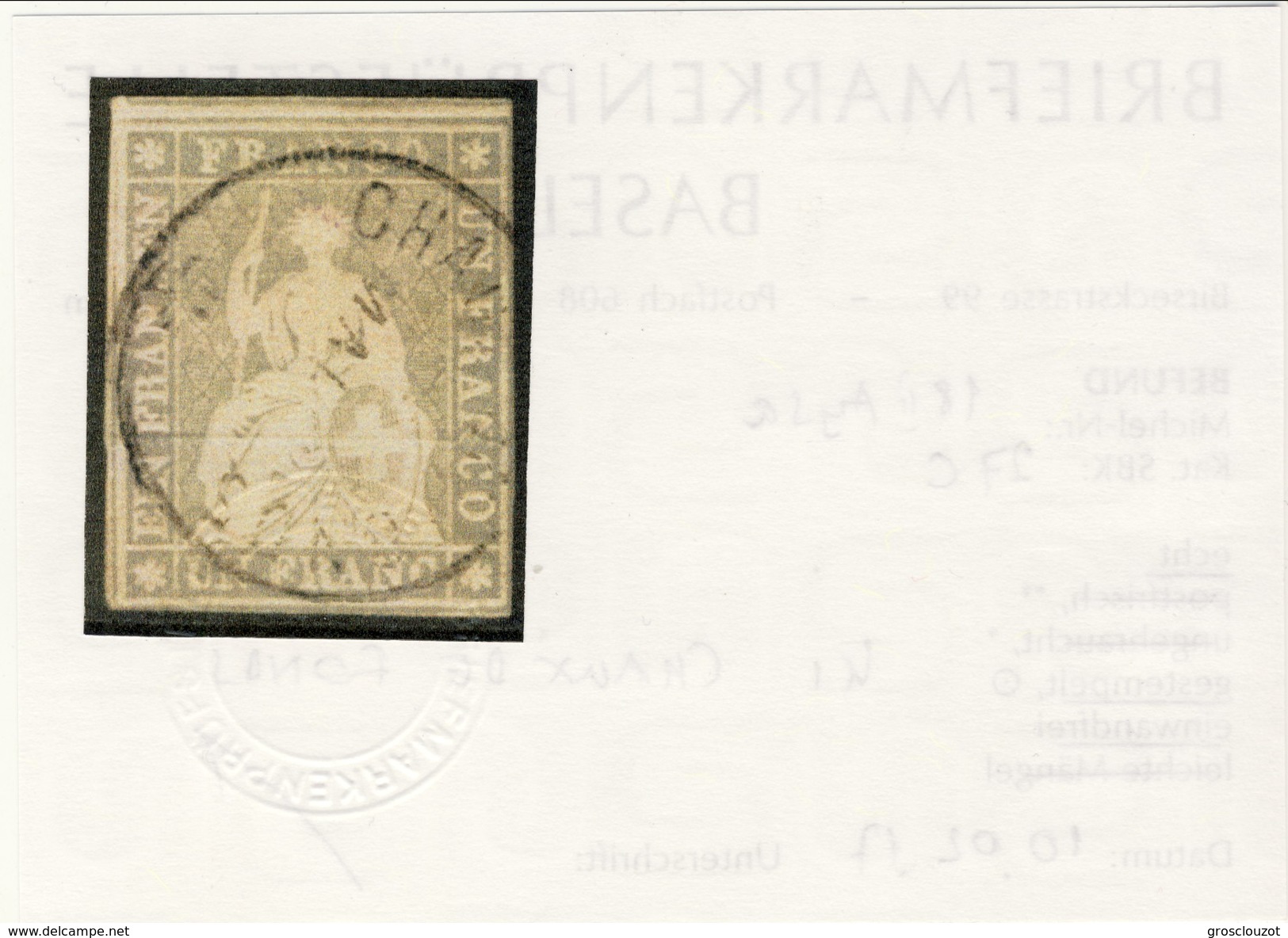 Svizzera 1854-62 Unificato N. 31, SBK N. 27C, F. 1 Grigio-violetto Usato ( Chaux De Fonds) Cat. &euro; 1300 ATTEST-PERIZ - Gebraucht