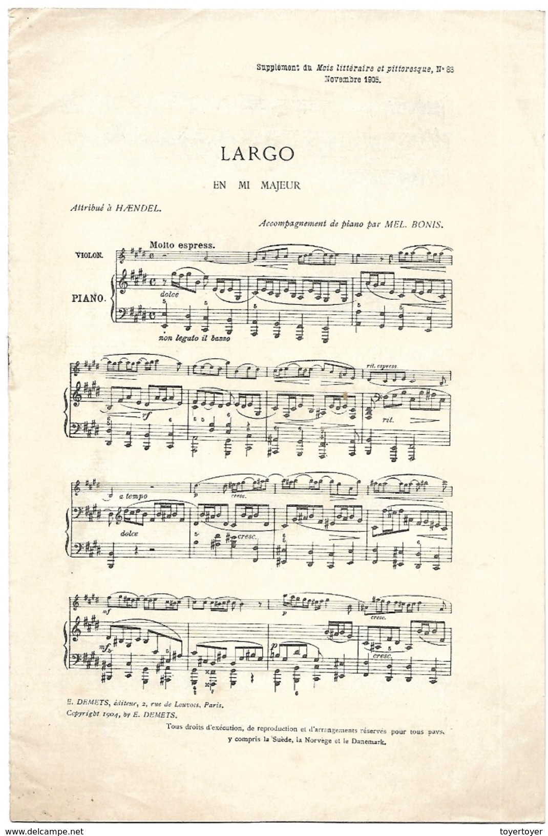 D 200  Partition De Largo En Mi Majeur De Haendel Novembre 1905 - Instruments à Clavier