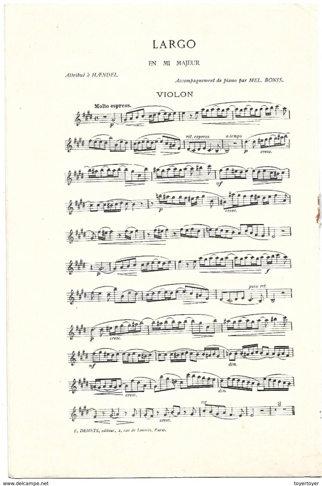 D 200  Partition De Largo En Mi Majeur De Haendel Novembre 1905 - Instrumento Di Tecla