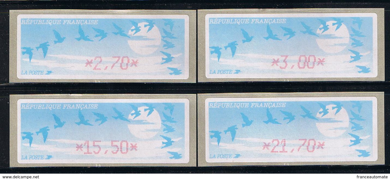4 ATMs, DIVA, Série Impression Léger Décalage, 2.70/ 3.00/ 15.50/ 21.70, Papier JUBERT, De L´automate DIVA, ENCRE ROUGE - 1990 « Oiseaux De Jubert »