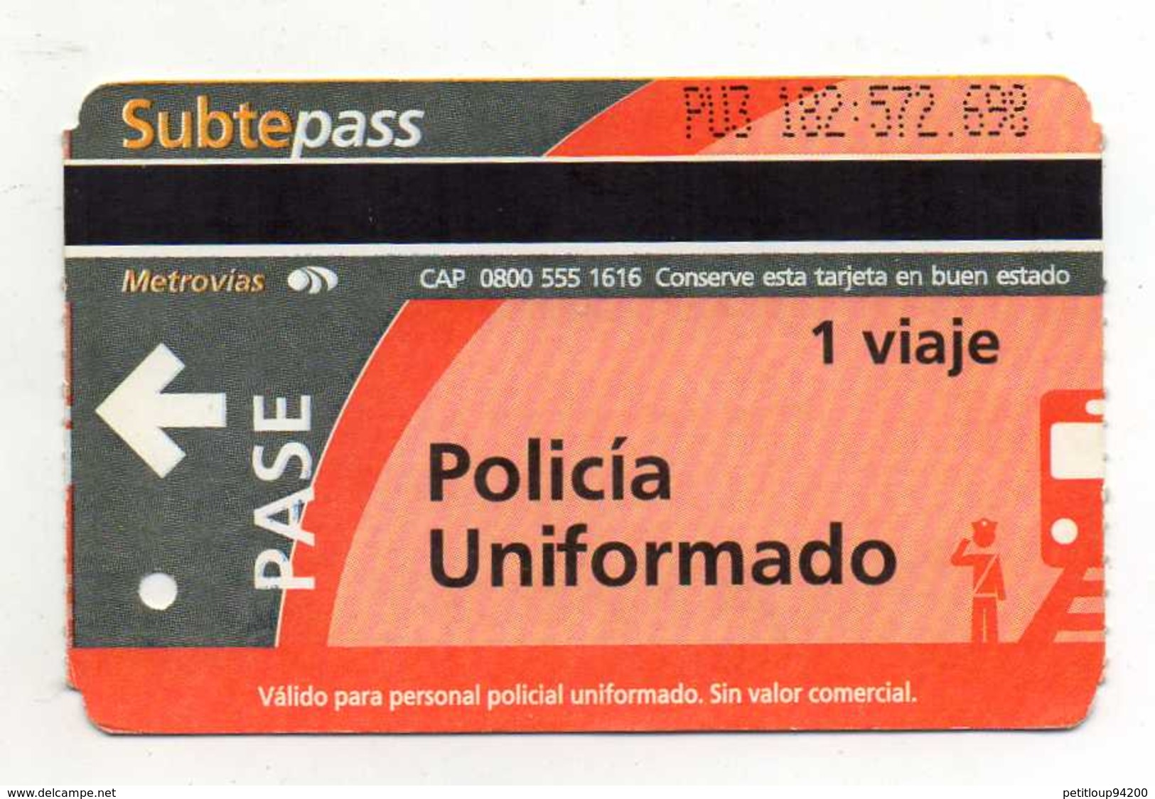 TICKET TRANSPORT METRO ARGENTINE  Métrovias  SUBTEpass  POLICIA UNIFORMADO - Monde