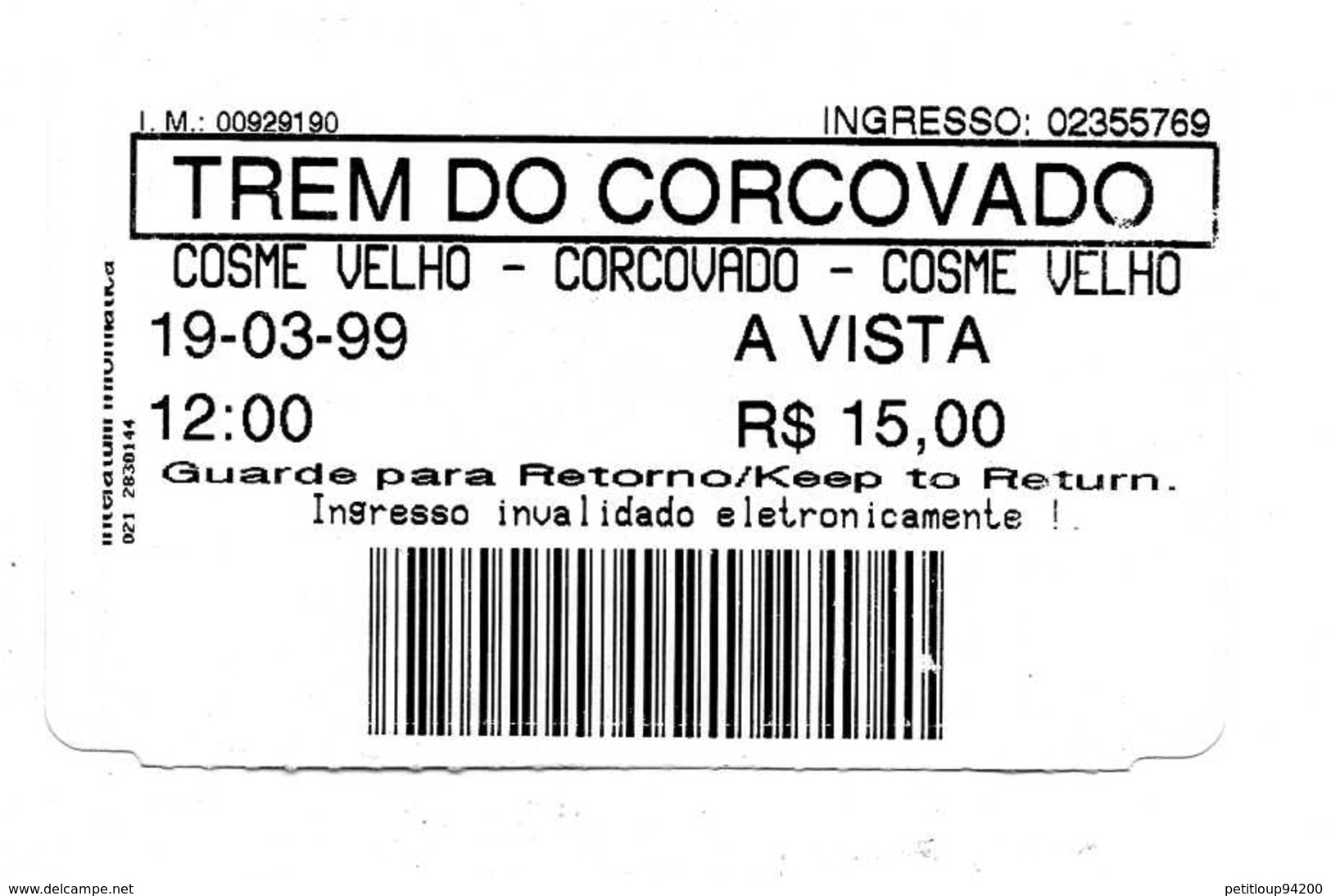 TICKET TRANSPORT TRAIN   BRESIL  Rio De Janeiro - Mundo