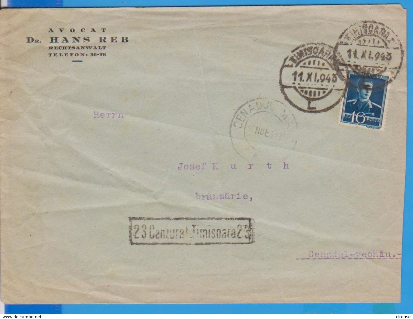NICE COVER NICE STAMPS KING MICHEL CENSORSHIP TIMISOARA 23 ROMANIA 1943 POSTAL HISTORY - Briefe U. Dokumente