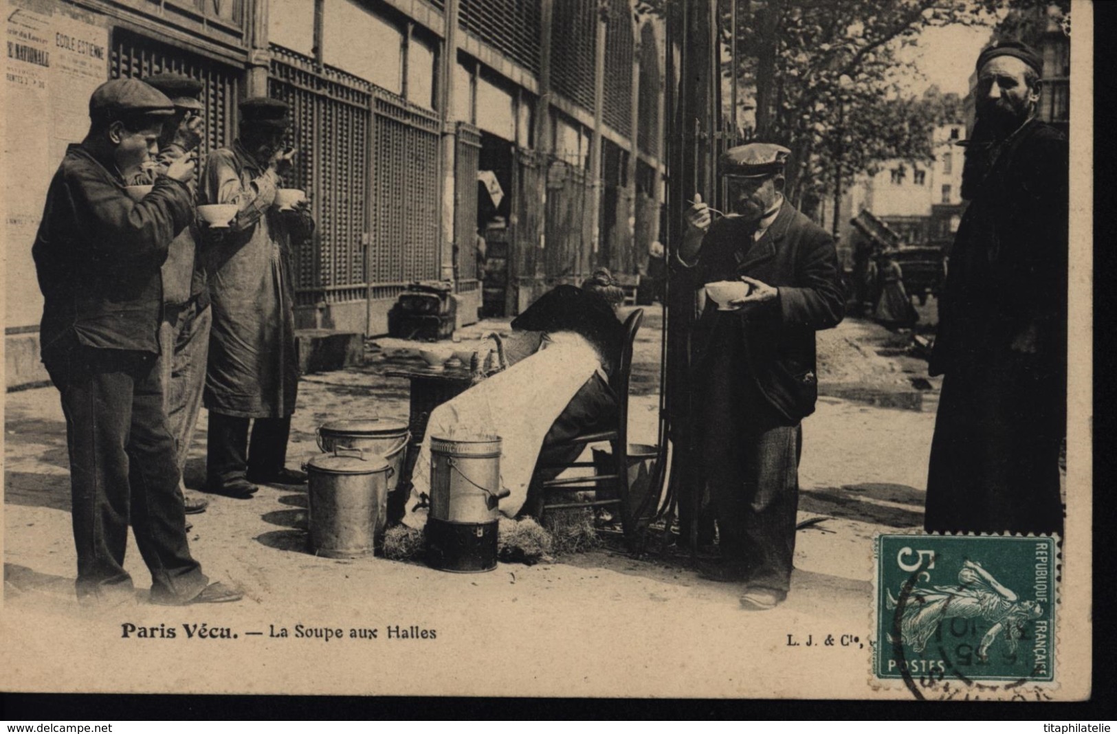 CPA Paris Vécu La Soupe Aux Halles Voyagée 1909 YT 137 CAD VONNAR AIN BOURG EN BRESSE 31.10.09 - Loten, Series, Verzamelingen