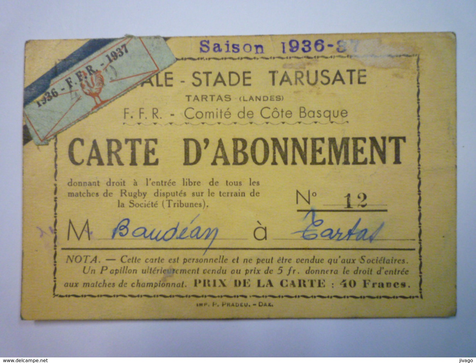 RUGBY  -  TARTAS  LANDES  :  CARTE D'ABONNEMENT  1936 - 1937   - Rugby