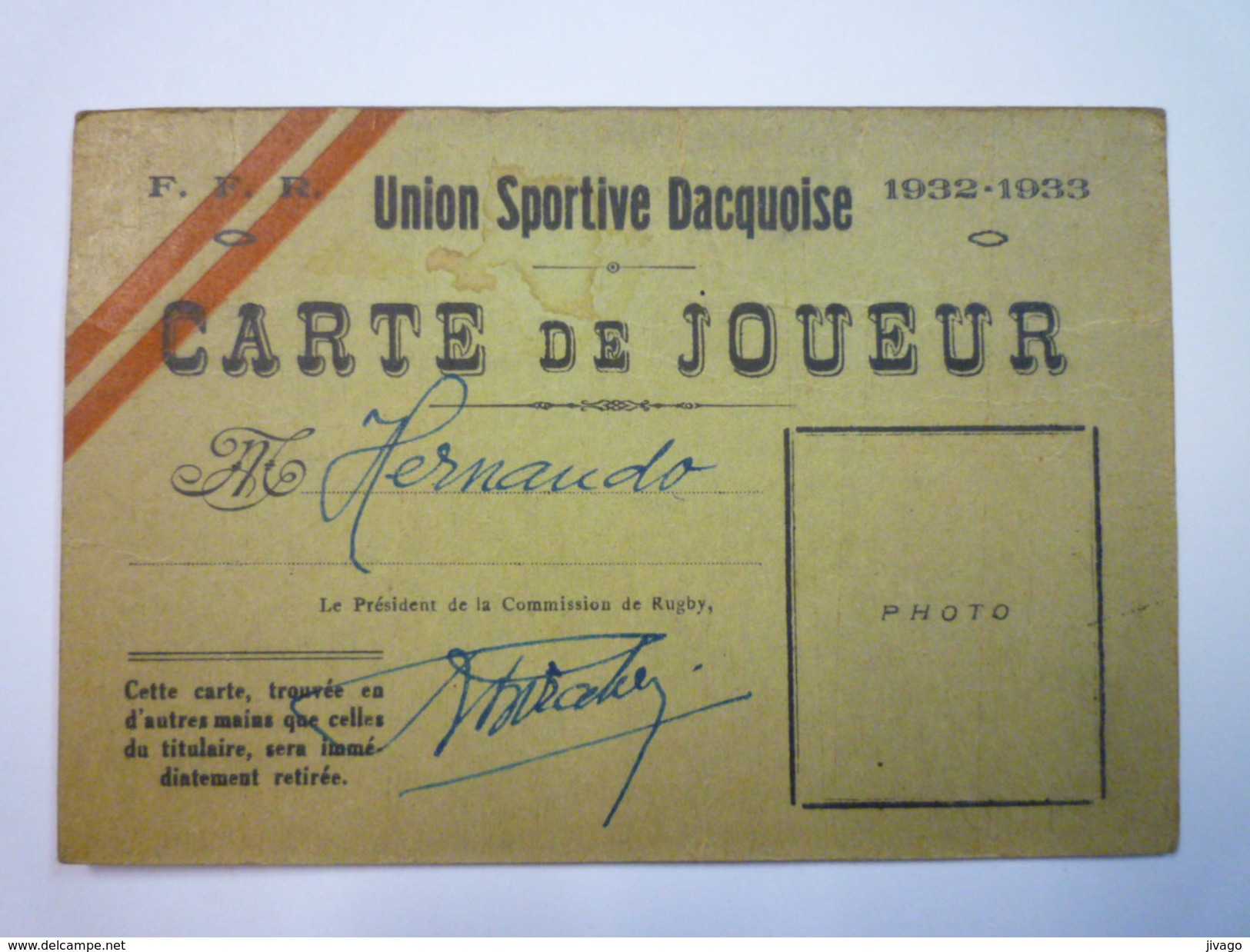RUGBY  -  UNION SPORTIVE DACQUOISE  :  CARTE De JOUEUR  1932 - 1933   - Rugby