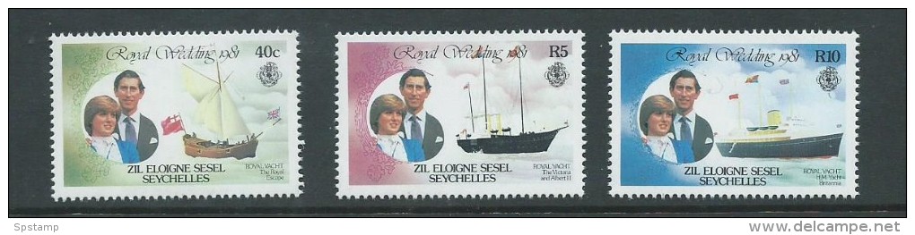 Seychelles Zil Eloigne Sesel 1981 Charles & Diana Royal Wedding ' Ship ' Values  Set Of 3 MNH - Seychelles (1976-...)