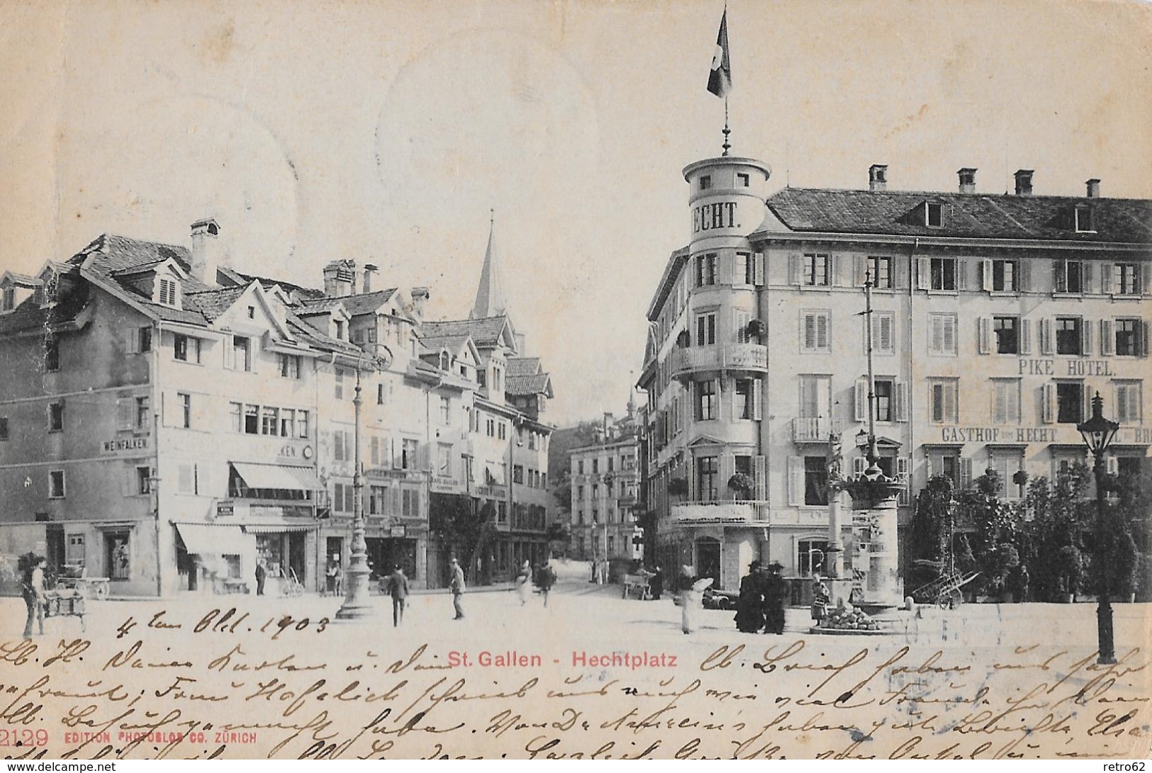 ST.GALLEN &rarr; Sehr Belebter Hechtplatz Mit Weinfalken & Gasthof Hecht Anno 1903 - Saint-Gall