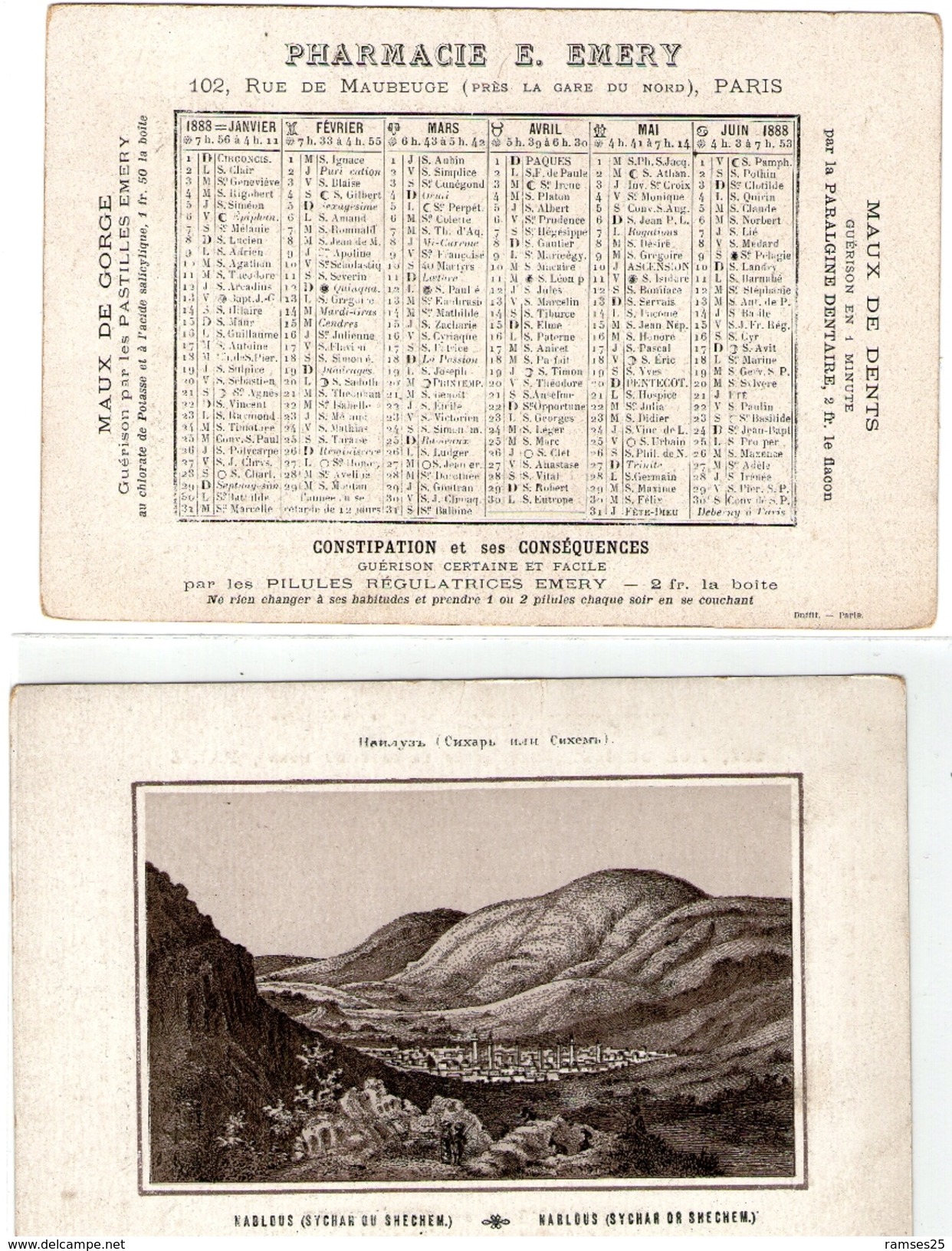 (12) Calendrier 1888 1er Semestre  Nablous Palestine  Pharmacie E .Emery Paris  (bon Etat) - Klein Formaat: ...-1900