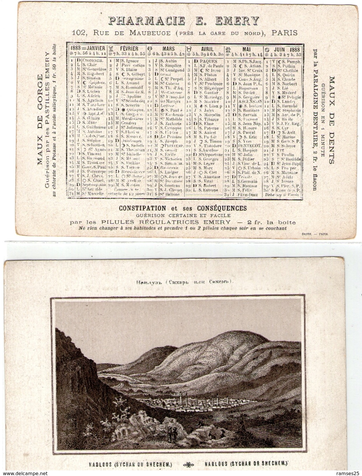 (12) Calendrier 1888 1er Semestre  Nablous Palestine  Pharmacie E .Emery Paris  (bon Etat) - Petit Format : ...-1900