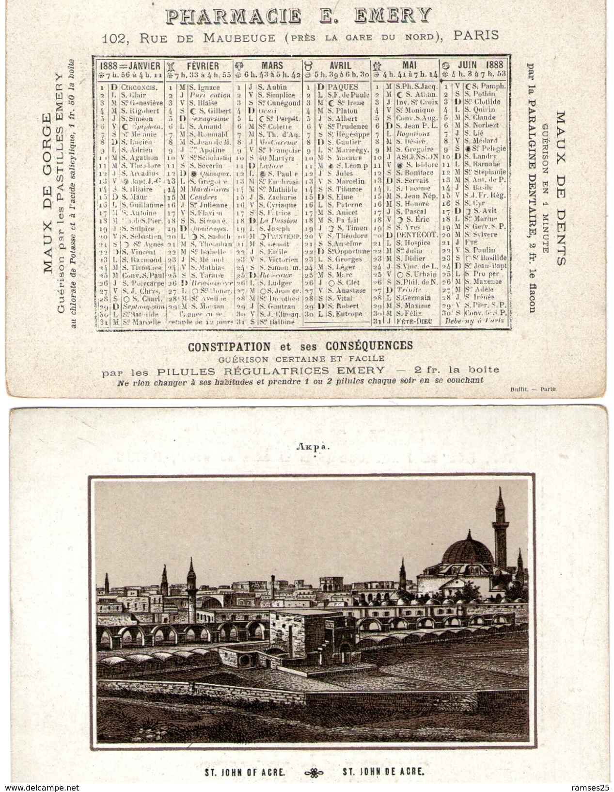 (12) Calendrier 1888 1er Semestre  Saint John De Acre Israel  Pharmacie E .Emery Paris  (bon Etat) - Tamaño Pequeño : ...-1900