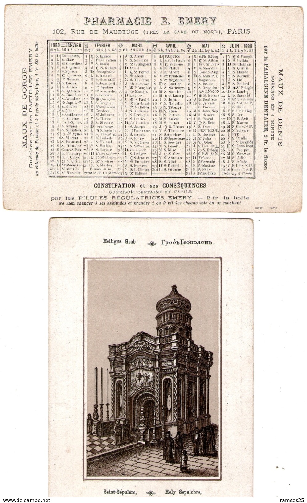 (12) Calendrier 1888 1er Semestre  Saint Sepulcre Israel  Pharmacie E .Emery Paris  (bon Etat) - Klein Formaat: ...-1900