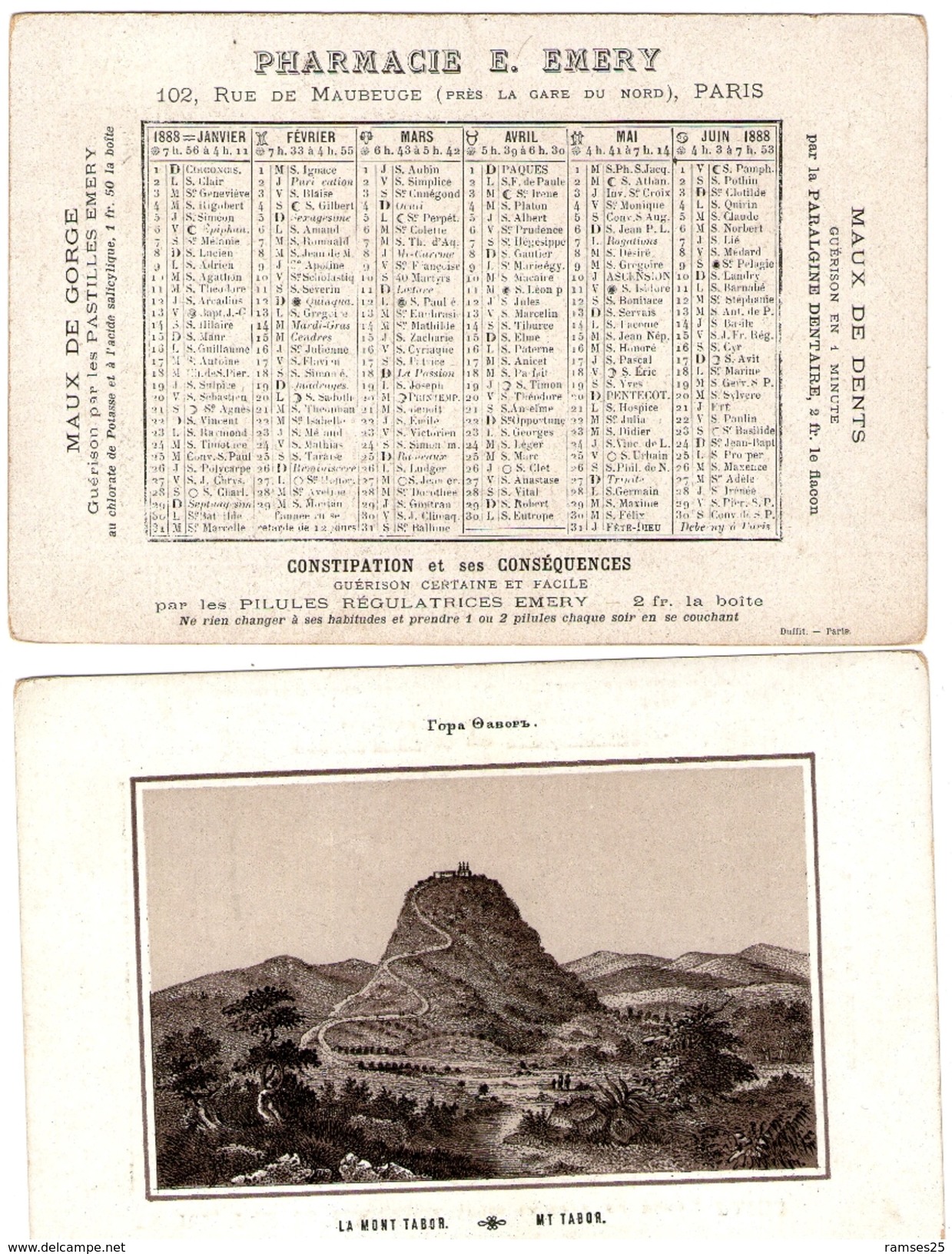 (12) Calendrier 1888 1er Semestre  Le Mont Tabor Israel  Pharmacie E .Emery Paris  (bon Etat) - Tamaño Pequeño : ...-1900