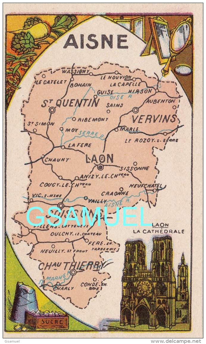 D 02 - Chromo - Carte De Département De L'Aine Illustrée - Format 6,5 Cm/10,5 Cm. - Pub Au Dos - (voir Scan). - Autres & Non Classés