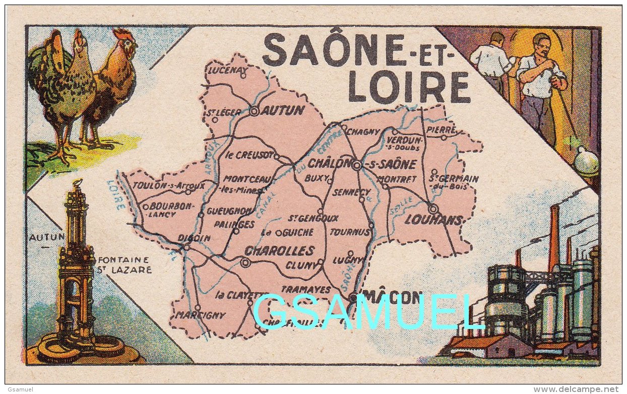 D 71 - Chromo - Carte De Département De La Saône Et Loire Illustrée -  Format 6,5 Cm/10,5 Cm. Pub Au Dos - (voir Scan) - Autres & Non Classés