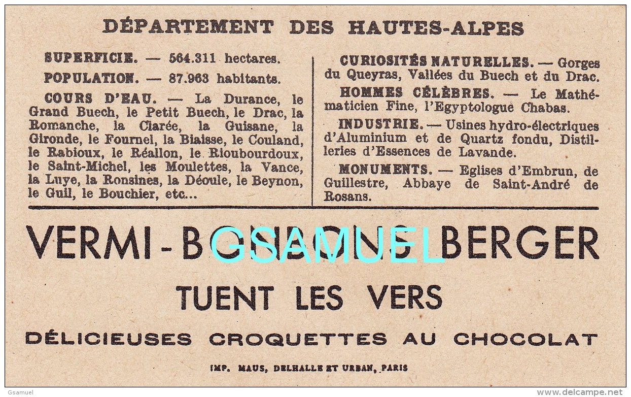 D 05 - Chromo - Carte De Département Des Hautes Alpes Illustrée -  Format 6,5 Cm/10,5 Cm. Pub Au Dos - (voir Scan) - Autres & Non Classés