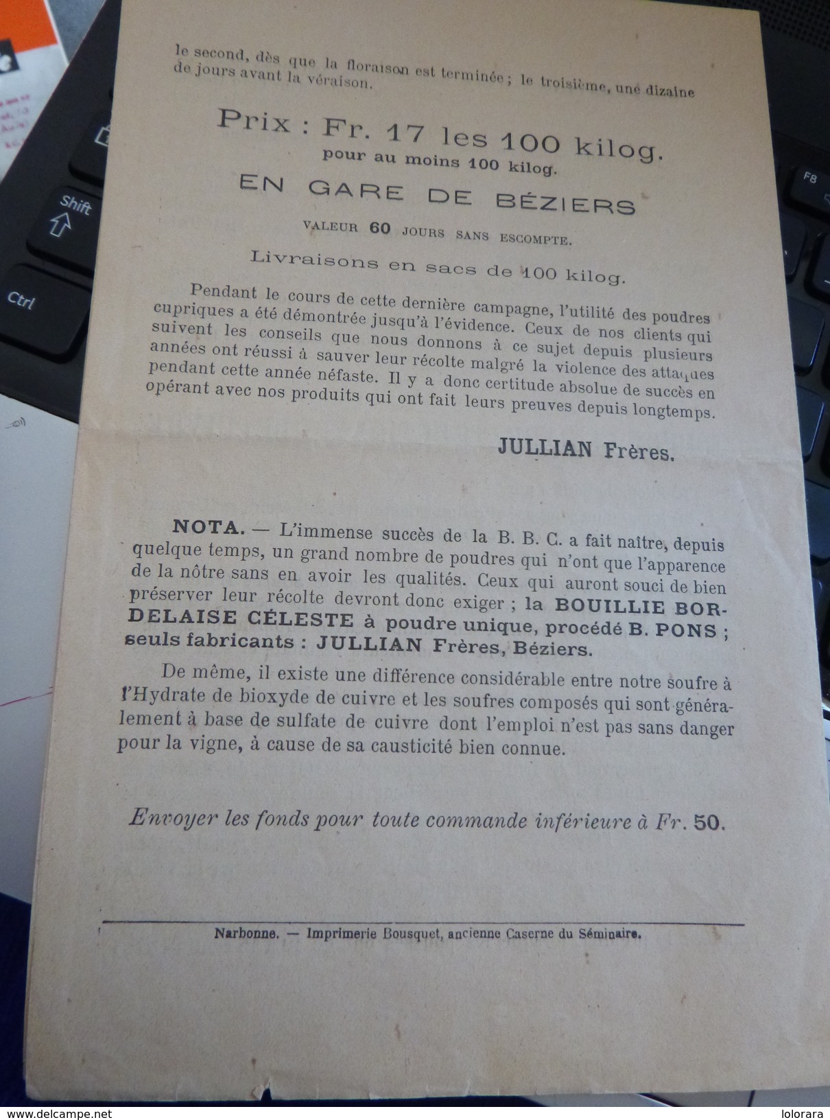 Dépliant Bouillie Bordelaise Céleste Jullian Béziers - Non Classés