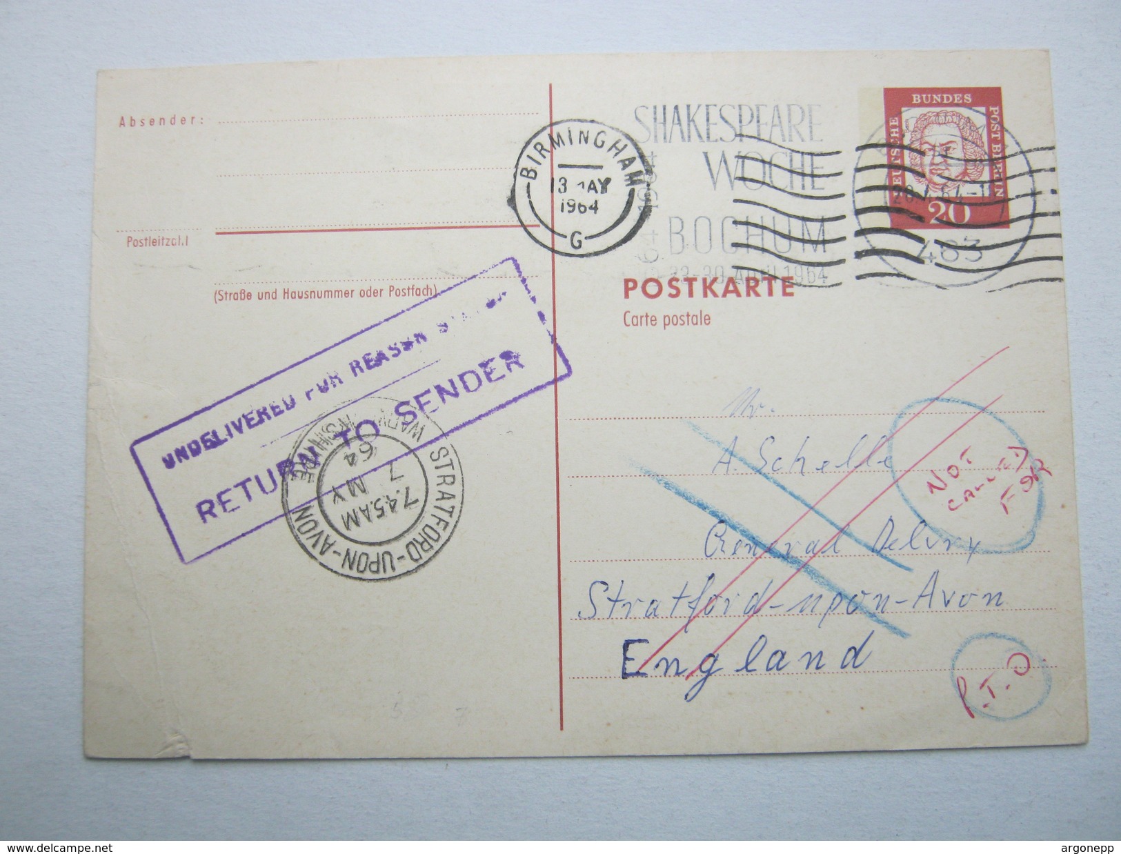 1964 , 20 Pfg. Bedeutende Deutsche , Antwortkarte Aus Den USA - Postcards - Used