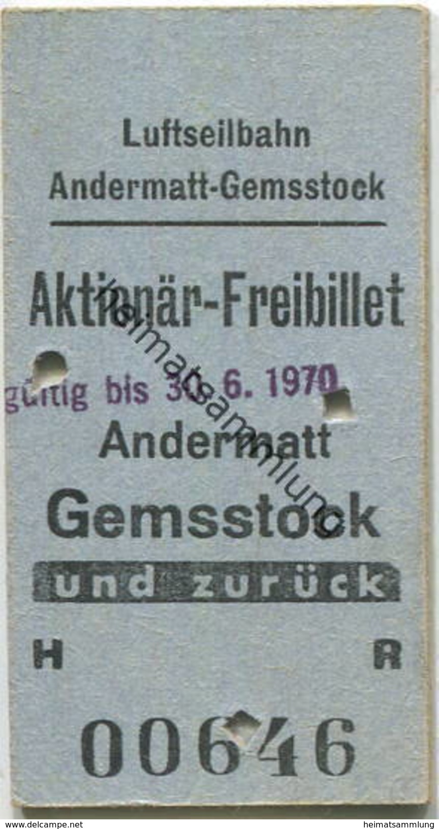 Schweiz - Luftseilbahn Andermatt Gemsstock - Aktionär-Freibillet Gültig Bis 30. 6. 1970 - Europa