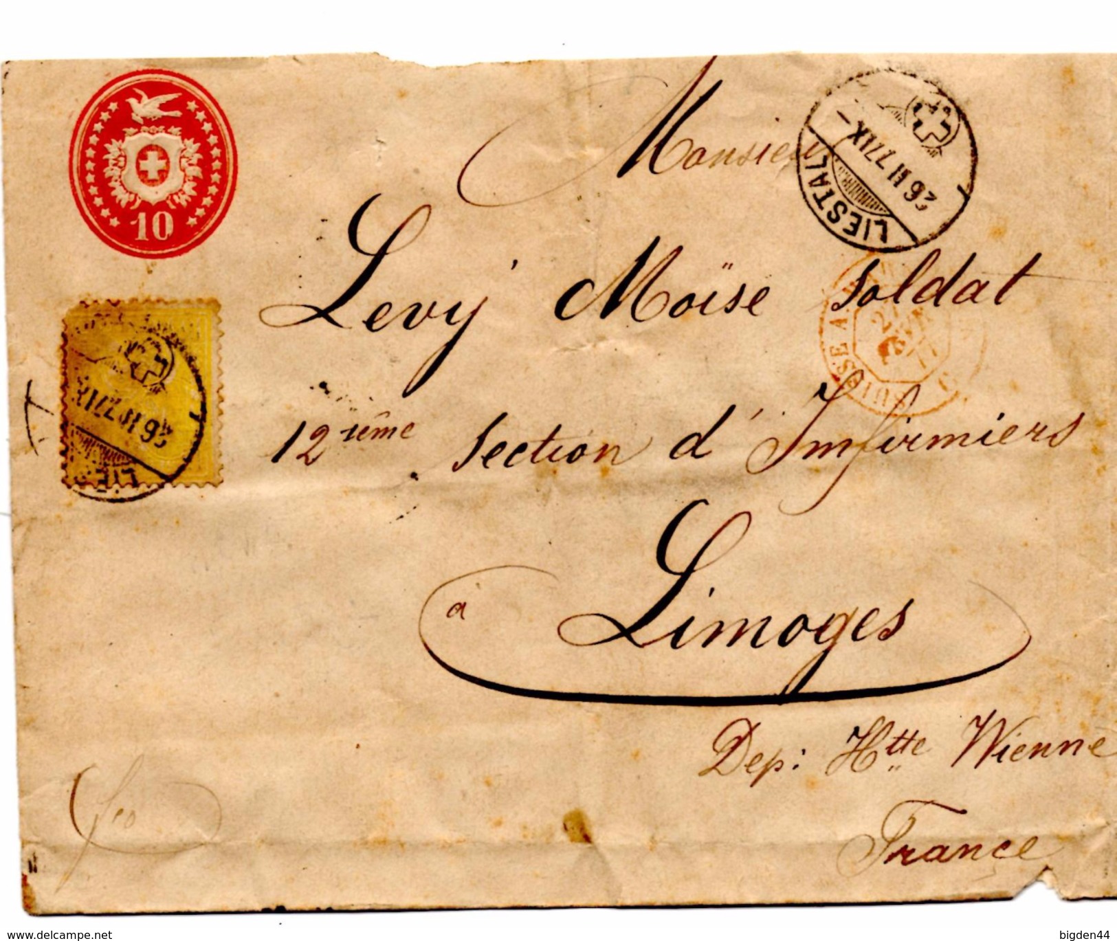 Lettre De Liestal (26.02.1877) Pour Limoges_Suisse A. Marseille Paris_Ambulant - Lettres & Documents