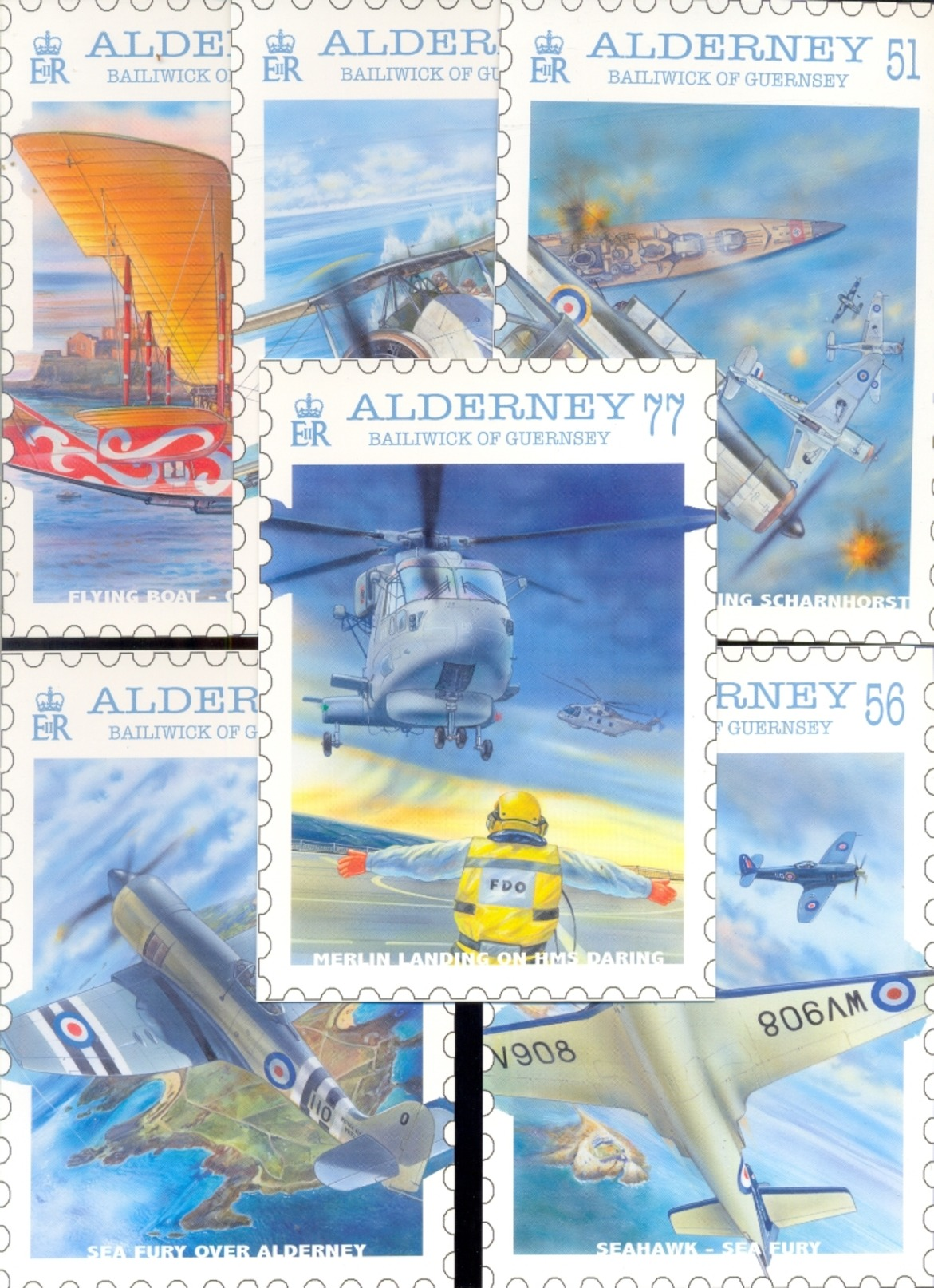 ALDERNEY UK COMPLETE SET PHQ / POST CARDS NAVAL AVIATION 1st DAY CANCELLATION STAMPS * U BOAT AIRPLANES HELICOPTER 2009 - Alderney