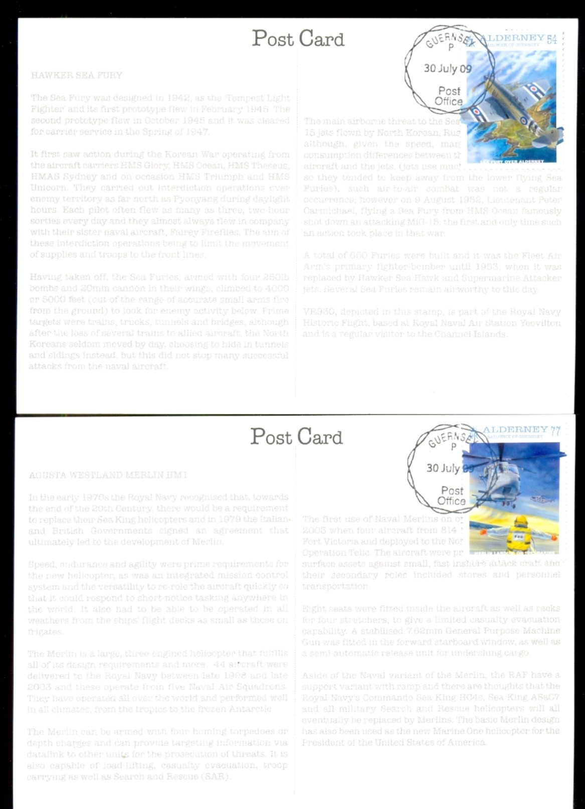 ALDERNEY UK COMPLETE SET PHQ / POST CARDS NAVAL AVIATION 1st DAY CANCELLATION STAMPS * U BOAT AIRPLANES HELICOPTER 2009 - Alderney